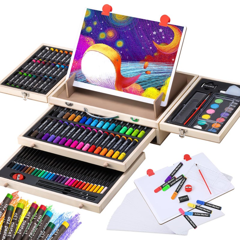 Vigorfun Art Supplies, Wooden Art Set Crafts Kit with Drawing Easel, Deluxe Kids Art Set, Oil Pastels, Colored Pencils, Watercolor Cakes, Creative Gift for Kids, Teens, Beginners Girls Boys - Image 1